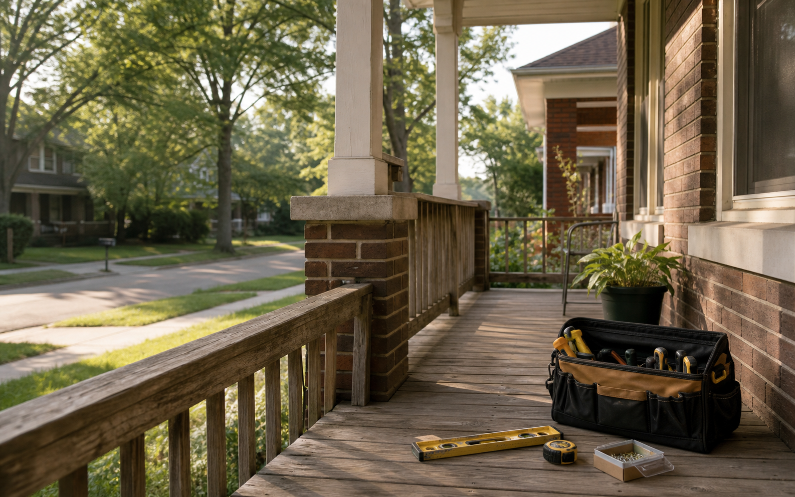 A front porch with a tool bag, level, tape measure, and small repair hardware